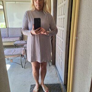 Manuka T Shirt Dress one Size Tan Stripe Crew Neck Long Sleeves Stretch